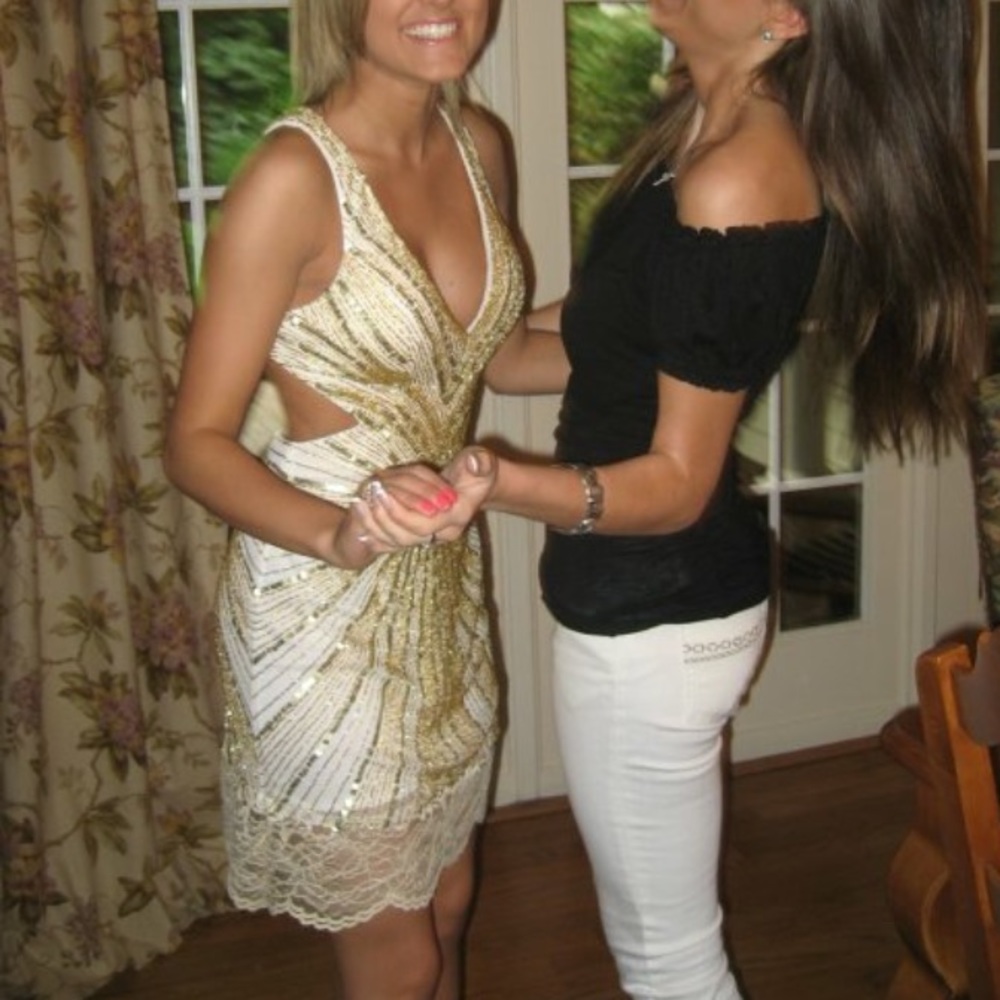Gold Lace Sequin Prom Dress Exposed Back & Plunge